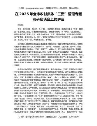 在2025年全市农村集体“三资”管理专题调研座谈会上的讲话