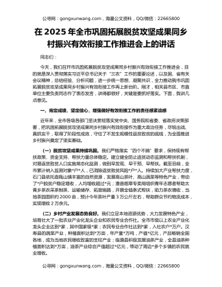 在2025年全市巩固拓展脱贫攻坚成果同乡村振兴有效衔接工作推进会上的讲话