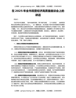 在2025年全市民营经济高质量座谈会上的讲话