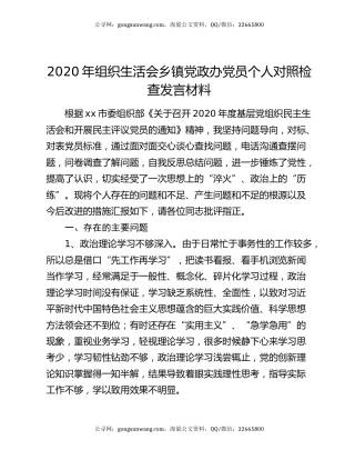 2020年组织生活会乡镇党政办党员个人对照检查发言材料