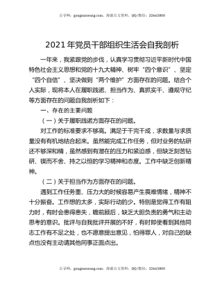 2021年党员干部组织生活会自我剖析