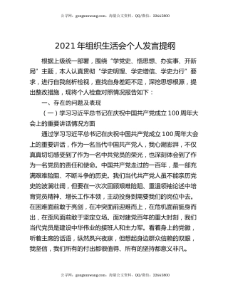 2021年组织生活会个人发言提纲