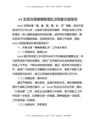 xx支部治理庸懒散慢乱浮现象自查报告