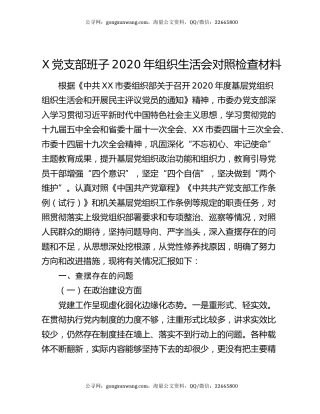 X党支部班子2020年组织生活会对照检查材料