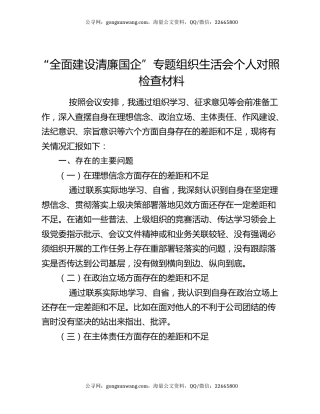 “全面建设清廉国企”专题组织生活会个人对照检查材料