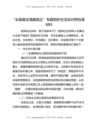 “全面建设清廉国企”专题组织生活会对照检查材料