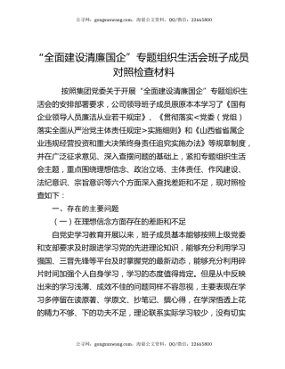 “全面建设清廉国企”专题组织生活会班子成员对照检查材料