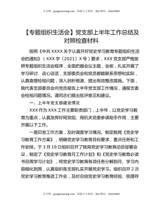 【专题组织生活会】党支部上半年工作总结及对照检查材料