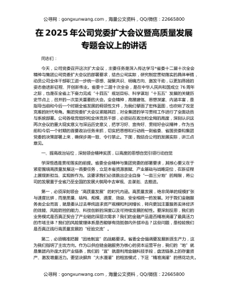 在2025年公司党委扩大会议暨高质量发展专题会议上的讲话