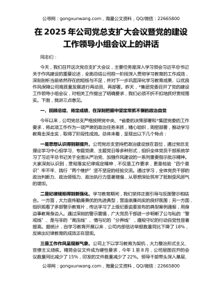 在2025年公司党总支扩大会议暨党的建设工作领导小组会议上的讲话