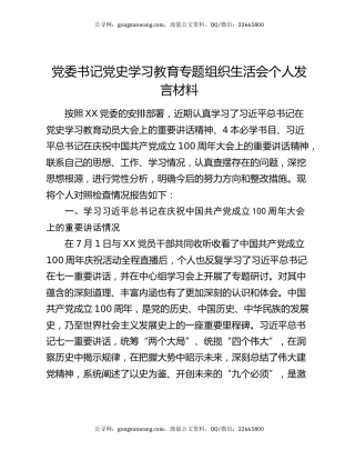 党委书记党史学习教育专题组织生活会个人发言材料
