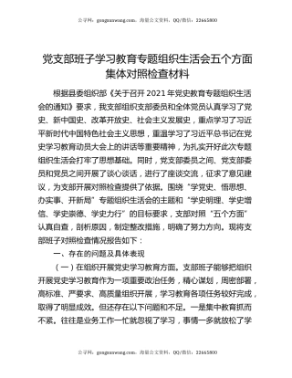 党支部班子学习教育专题组织生活会五个方面集体对照检查材料