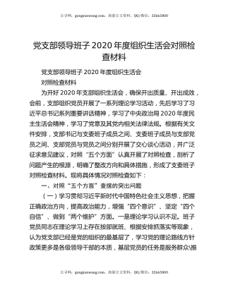 党支部领导班子2020年度组织生活会对照检查材料