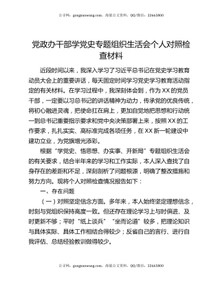 党政办干部学党史专题组织生活会个人对照检查材料