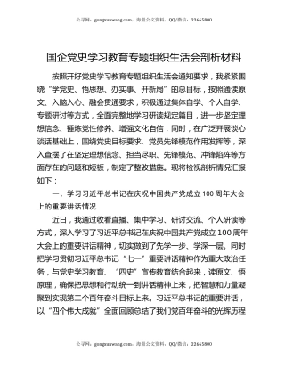 国企党史学习教育专题组织生活会剖析材料