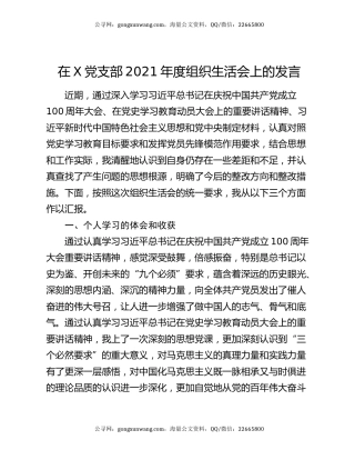 在X党支部2021年度组织生活会上的发言