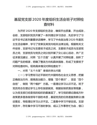 基层党支部2020年度组织生活会班子对照检查材料