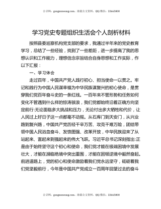 学习党史专题组织生活会个人剖析材料