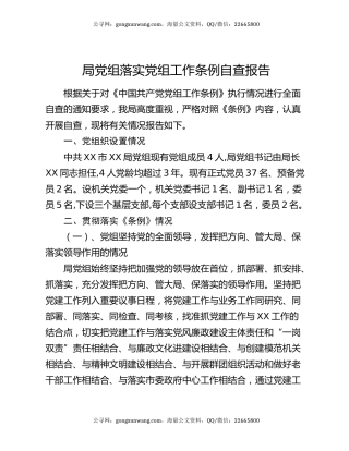 局党组落实党组工作条例自查报告