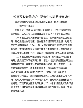 巡察整改专题组织生活会个人对照检查材料