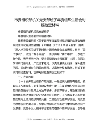 市委组织部机关党支部班子年度组织生活会对照检查材料