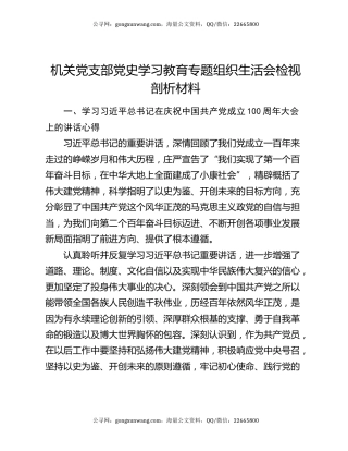 机关党支部党史学习教育专题组织生活会检视剖析材料