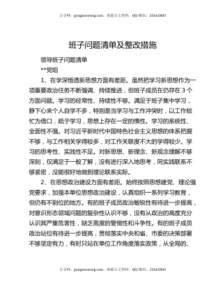 班子问题清单及整改措施