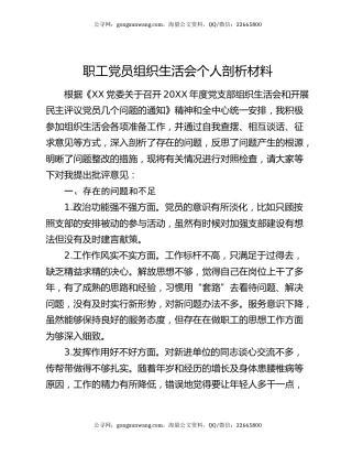 职工党员组织生活会个人剖析材料