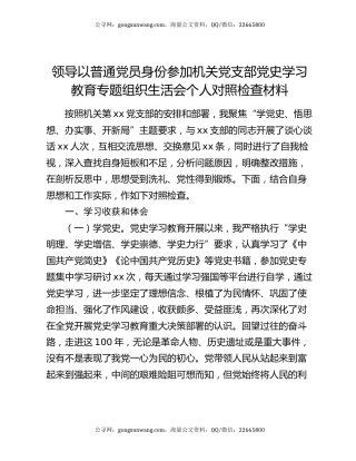 领导以普通党员身份参加机关党支部党史学习教育专题组织生活会个人对照检查材料