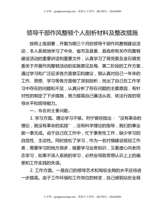 领导干部作风整顿个人剖析材料及整改措施