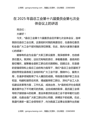 在2025年县总工会第十六届委员会第七次全体会议上的讲话