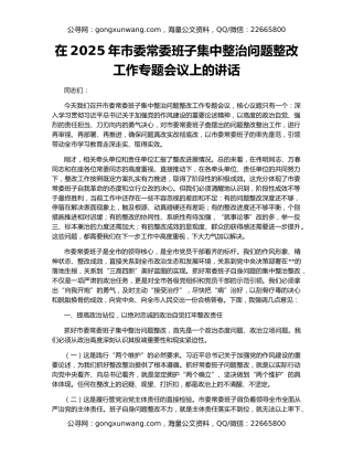 在2025年市委常委班子集中整治问题整改工作专题会议上的讲话