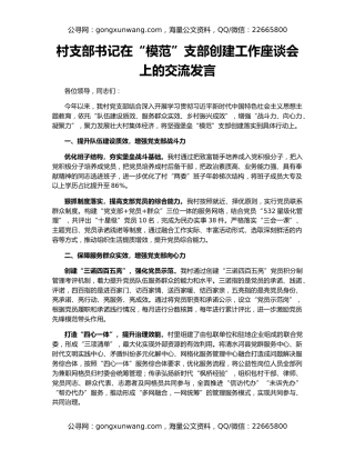 村支部书记在“模范”支部创建工作座谈会上的交流发言