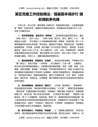 某区党建工作经验做法：强基固本阔步行 旗帜领航争先锋