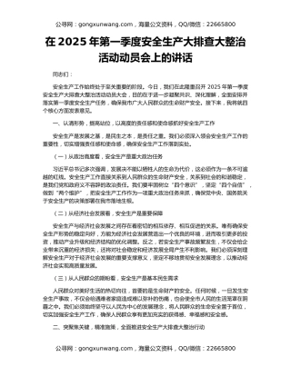 在2025年第一季度安全生产大排查大整治活动动员会上的讲话