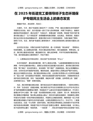 在2025年街道党工委领导班子生态环境保护专题民主生活会上的表态发言