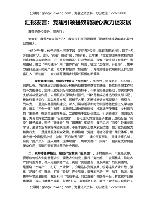 汇报发言：党建引领提效能凝心聚力促发展