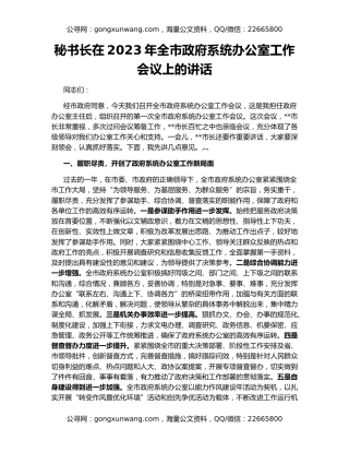 秘书长在2023年全市政府系统办公室工作会议上的讲话