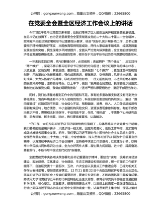 在党委全会暨全区经济工作会议上的讲话