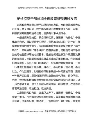 纪检监察干部参加全市教育整顿研讨发言