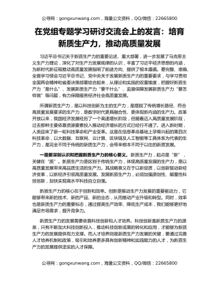 在党组专题学习研讨交流会上的发言：培育新质生产力，推动高质量发展