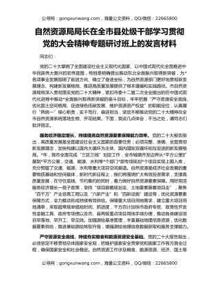 自然资源局局长在全市县处级干部学习贯彻党的大会精神专题研讨班上的发言材料