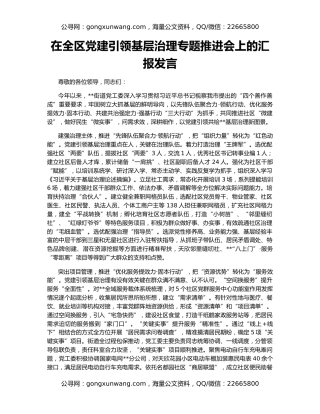 在全区党建引领基层治理专题推进会上的汇报发言