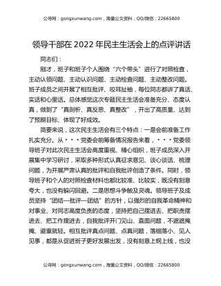 领导干部在2022年民主生活会上的点评讲话