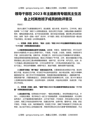 领导干部在2023年主题教育专题民主生活会上对其他班子成员的批评意见