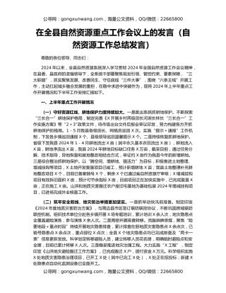 在全县自然资源重点工作会议上的发言（自然资源工作总结发言）