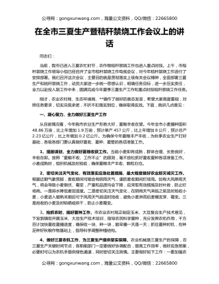 在全市三夏生产暨秸秆禁烧工作会议上的讲话