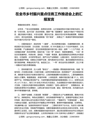 在全市乡村振兴重点任务工作推进会上的汇报发言