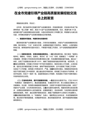 在全市党建引领产业链高质量发展经验交流会上的发言