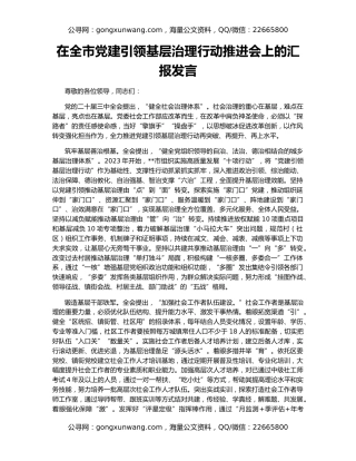 在全市党建引领基层治理行动推进会上的汇报发言